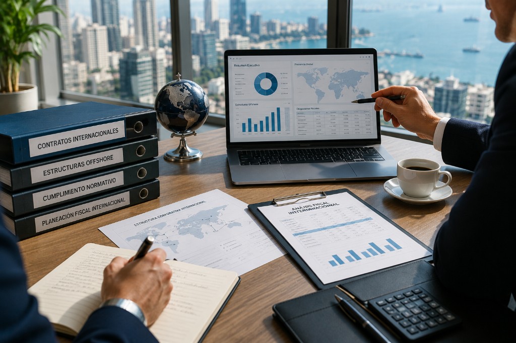 Estructuras corporativas internacionales en mesa de trabajo